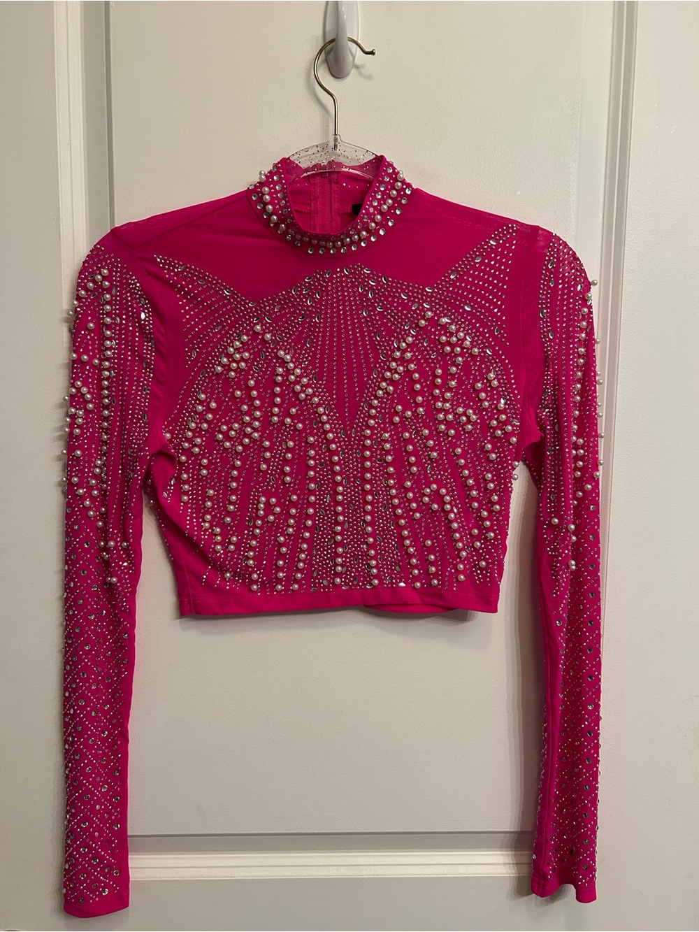 iHeartRaves Hot Pink Pearl & Crystal Long Sleeve Crop Top